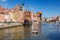 Gdansk, Poland - June 2, 2019: Architecture of the old town in Gdansk at Motlawa river, Poland. Gdansk is the historical capital