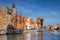 Gdansk, Poland - June 2, 2019: Architecture of the old town in Gdansk at Motlawa river, Poland. Gdansk is the historical capital