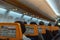 Gdansk Poland - Paris France, 12 19 2019 Flight. Passengers in the airplane cabin airline Raynair lowcost. Stock photo airplane
