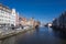 Gdansk Poland. view of the city and the river MotÅ‚awa with a pirate ship and buildings on the embankment