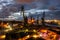 Gdansk shipyard scenery with retro-lighted clubs and bars at dusk