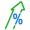 GDP high growth, green arrow and percent icon. Vector GDP, investment profit increase arrow up