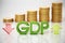 GDP word  rising and falling arrows and coins. Gross domestic product concept. 3D illustration