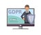 GDPR initiation date. Smiling man in suit with the shield standing out from computer monitor. Data defender. Concept