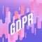 GDPR isometric gradient text design on abstract geometric violet fluid color shapes and stripes.