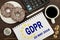 GDPR. Notebook with Notes General Data Protection Regulation on the table of a businessman