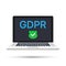 GDPR protector. Smiling cartoon character with a shield in front of the screen showing GDPR letters. Vector illustration.