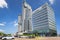 Gdynia, Poland - June 8, 2019: Modern architecture of Sea Towers skyscraper in Gdynia. Sea Towers is the tallest building at