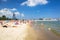 Gdynia, Poland - June 8, 2019: People on the beach at Baltic Sea in Gdynia, Poland. Gdynia is an important seaport of Baltic Sea