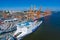 Gdynia Port Aerial View. Stena Line ferry at Baltic Container Terminal in Gdynia Harbour from Above. Pomeranian Voivodeship,