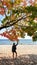 Gdynia - A woman in shorts standing under a colorful tree on the beach in Poland, and enjoying the view on the calm Baltic Sea