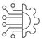 Gear connection thin line icon. Gear with chip circuit, hardware or software symbol, outline style pictogram on white