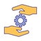 Gear between hands line and fill style icon vector design