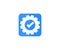 Gear icon with check mark as completed update settings. Cog wheel checkmark as setup executed change graphic pictogram.