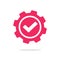 Gear icon with check mark as completed update settings vector or cog wheel checkmark as setup executed change graphic pictogram
