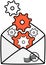 Gears in evelope as symbol of email setting. Software, maintenance, mailing via Internet technology