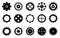 Gears flat icons, factory gear wheel graphic. Black cogs symbols. Progress or service process, work cycle pictogram