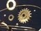 Gears, flying metal spheres and gold rings. Engine Mechanical Parts.
