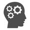 Gears in head solid icon, idea and innovation concept, human mind and three cogs sign on white background, Human head