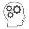 Gears in head thin line icon, idea and innovation concept, human mind and three cogs sign on white background, Human