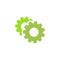 Gears icon isolated on white. Combination of two green pinions one behind other. Vector flat illustration