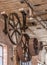 Gears and pulleys on a ceiling in old warehouse