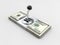 Gearshift on stack of money isolated on gray background. 3d illustration