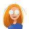 Geek girl face avatar. Student web programmer developer. Young woman in glasses, with red hair smiling. vector