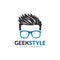 Geek style logo design template, man head with glasses and cool hair