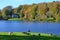 Geese, Pantheon and Blue Lake at Stourhead Garden in Autumn, Wiltshire, UK