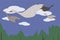 Geese swans white gray with red beaks flying through the blue sky with white clouds over the green forest