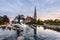 Gefion Fountain and St. Alban\'s Church in Copenhagen, Denmark.