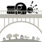 Gefirofobia. Man is afraid to cross the bridge. Fear of Heights. Character fell in a panic attack. Logo, icon, silhouette.