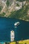 Geiranger fjord and ferry ship Landscape in Norway