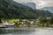 Geiranger fjord. Foggy morning. Camping on the beach