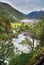 Geiranger Fjord Norway with river and cruise ship