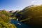 Geiranger valley with ferries with clear sky, Sunnmore, Romsdal, Norway