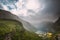 Geirangerfjord, Norway - Geiranger In Geirangerfjorden In Rainy Summer Day. Famous Norwegian Landmark And Popular