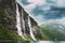 Geirangerfjord, Norway. The Seven Sisters waterfalls In Geirangerfjorden. Famous Norwegian Landmark And Popular