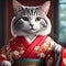 The geisha cat gracefully entertains guests with her mesmerizing Japanese dance, enchanting singing,