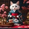 The geisha cat gracefully moves across the room, delighting the guests with her Japanese dance performance.