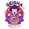 Geisha Cute Cartoon Mascot Eating Ramen Noodle with Japanese Text means Delicious Ramen