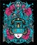 Geisha cyberpunk head with cyberpunk theme with sacred geometry and floral background for poster and tshirt