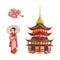 Geisha with fan, sakura branch, pagoda vector set