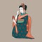 Geisha Japan classical Japanese woman ancient style of drawing. Geisha is looking in a mirror