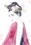 Geisha painting or illustration in watercolor with chopsticks and flowers in her hair wearing kimono