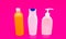 For gel and shampoo storing. Cosmetic bottles. Bottles with flip cap and pump dispenser