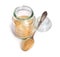 Gelatin or gelatine in the glass jar. On white background.