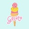 Gelato logo with lettering. Cute Italian frozen fruit dessert in cone with chocolate crumble.