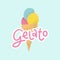 Gelato logo with lettering. Cute Italian frozen fruit dessert scoops in cone.